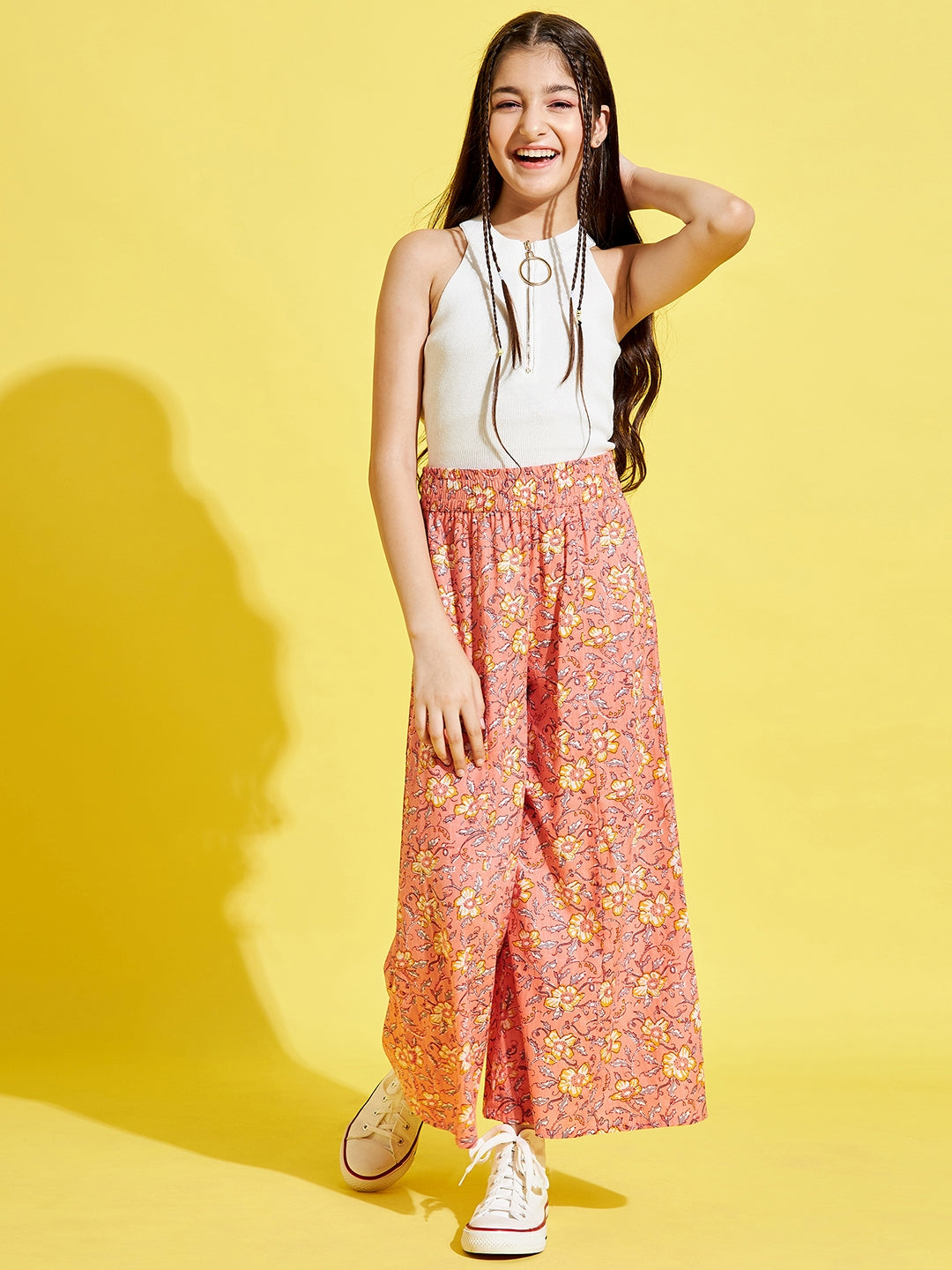 Cherry Jerry Girls Orange Floral Printed Relaxed Pleated Cotton Trousers