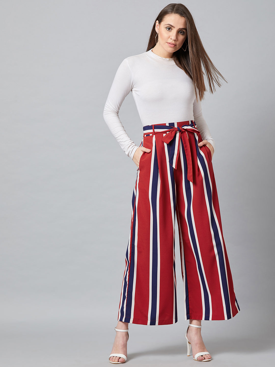 PANIT Women Red & Blue Striped Flared Trouser