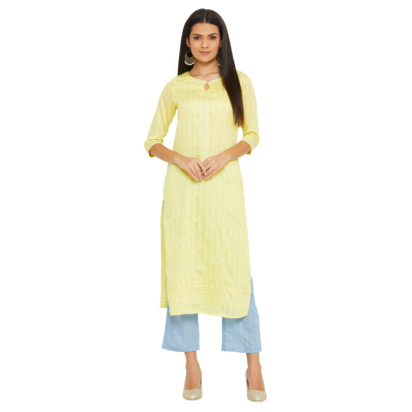 Lemon Lurex Kurta With Blue Trouser