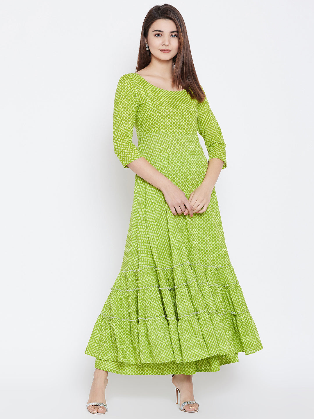 PANIT Women Green Ethnic Motifs Printed Tiered Anarkali Kurta