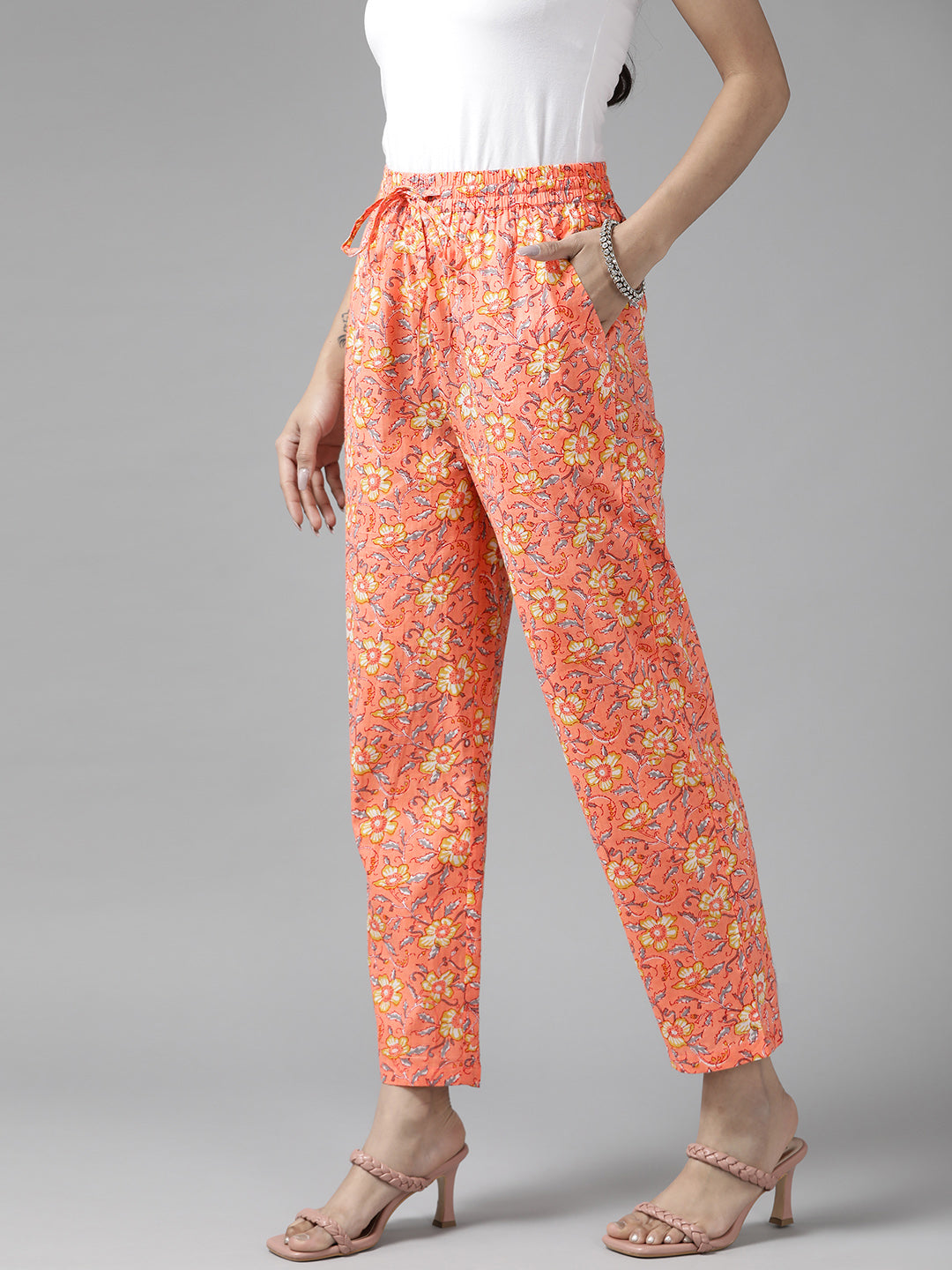 Women Peach-Coloured & Yellow Cotton Floral Printed Comfort Fit Trousers
