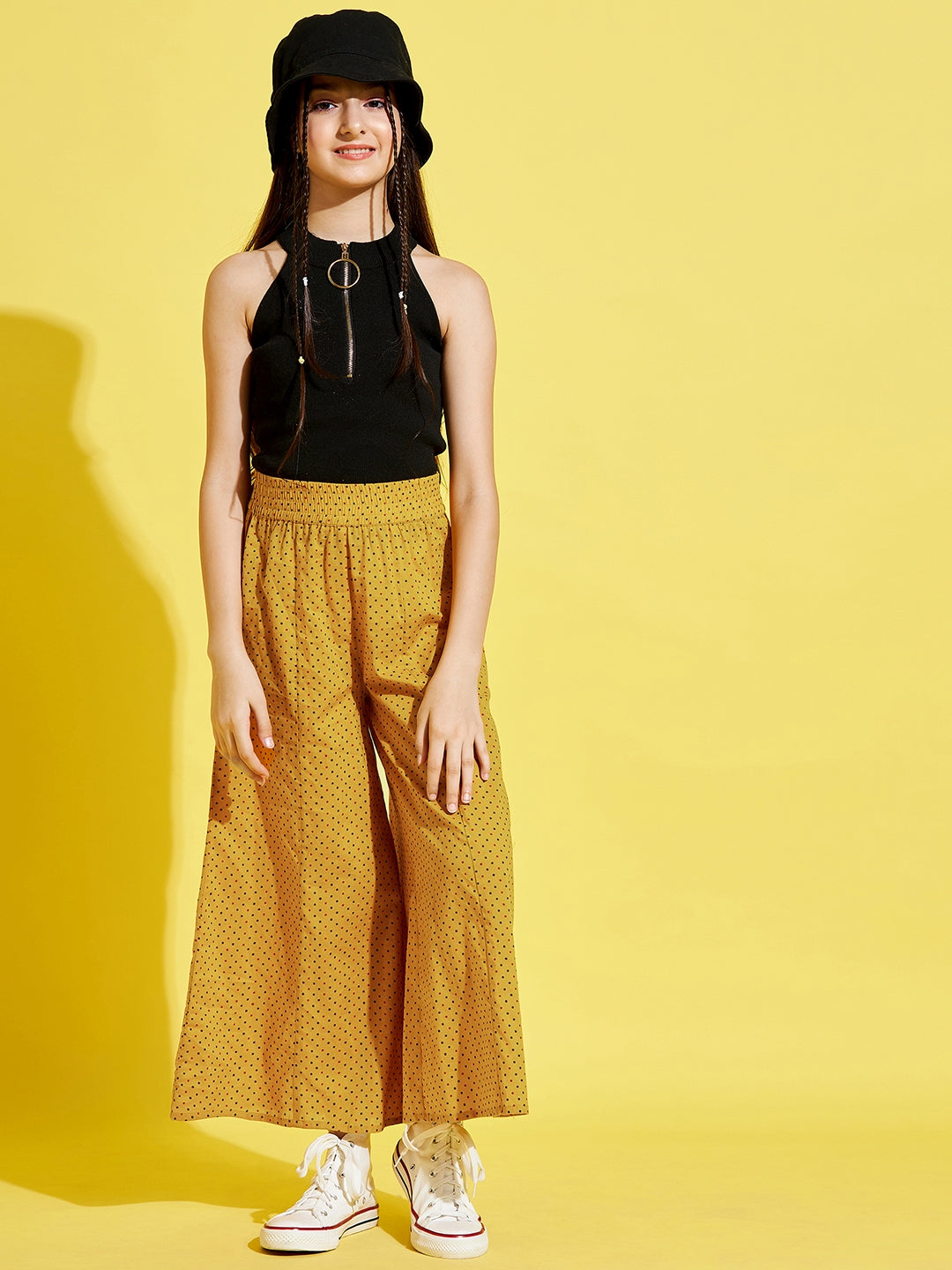 Cherry Jerry Girls Mustard Yellow Printed Relaxed cotton Trousers