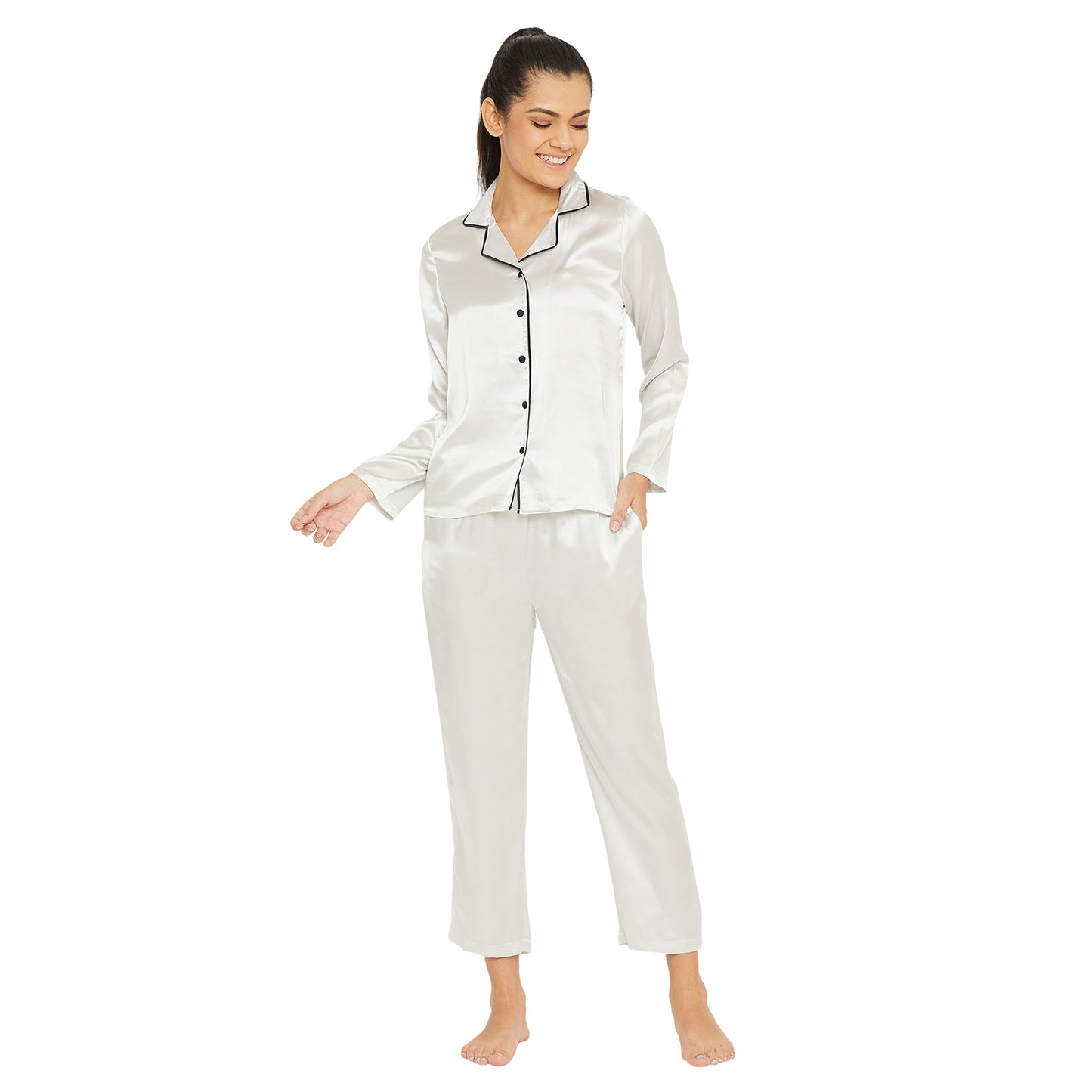 Women White Satin Finish Solid Night Suit