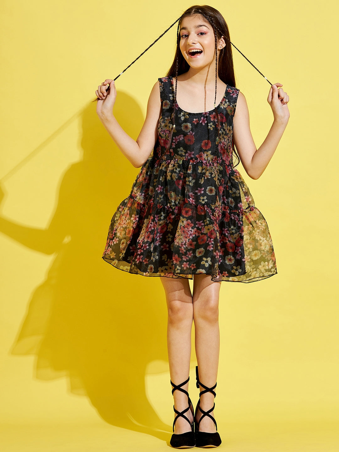 Girls Black & Red Floral Dress