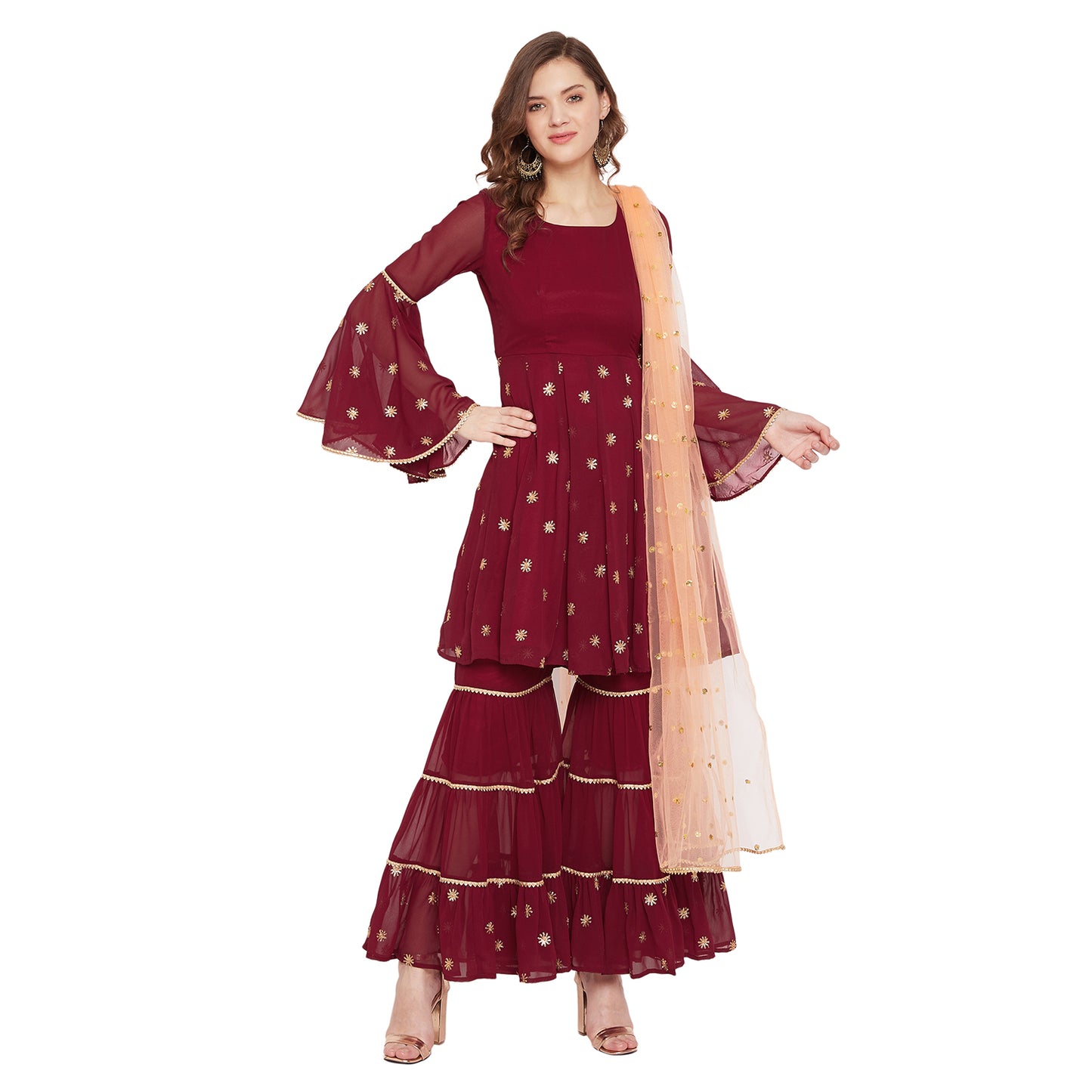 Maroon sharara set with peach dupatta, overall gota lace detailing