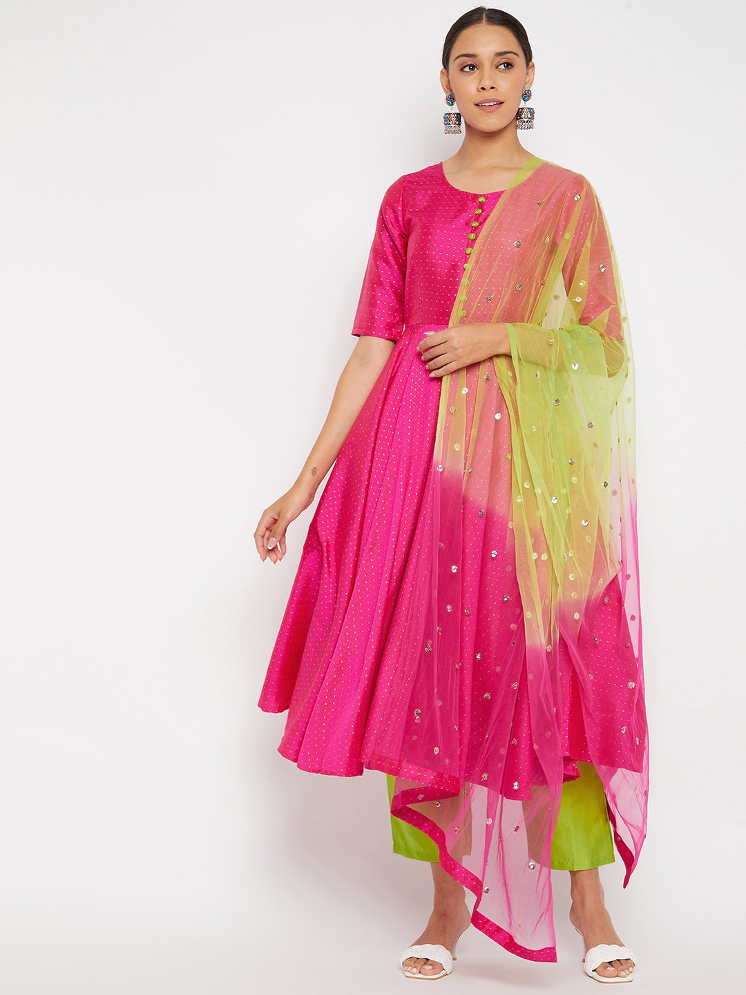 Women Magenta Pleated Golden Thread Work Kurta Set With Trouser And Dupatta