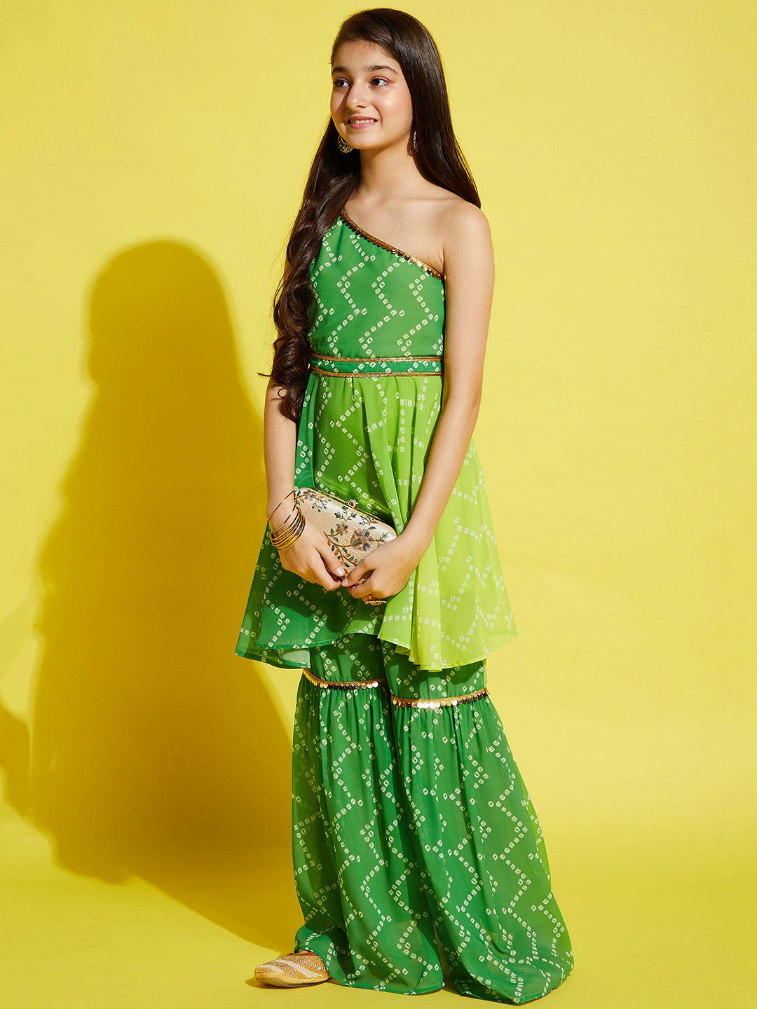 Girls Green Yellow Bandhani Printed A-Line Kurta with With Sharara