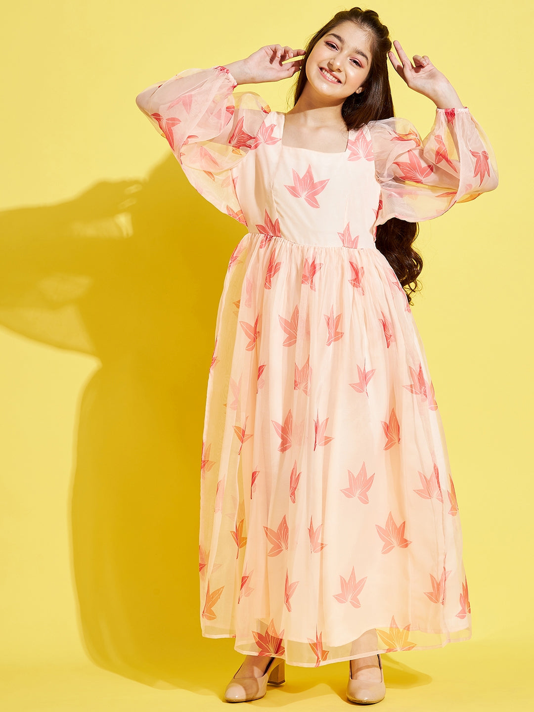 Girl Cream-Coloured leaf printed Maxi Dress