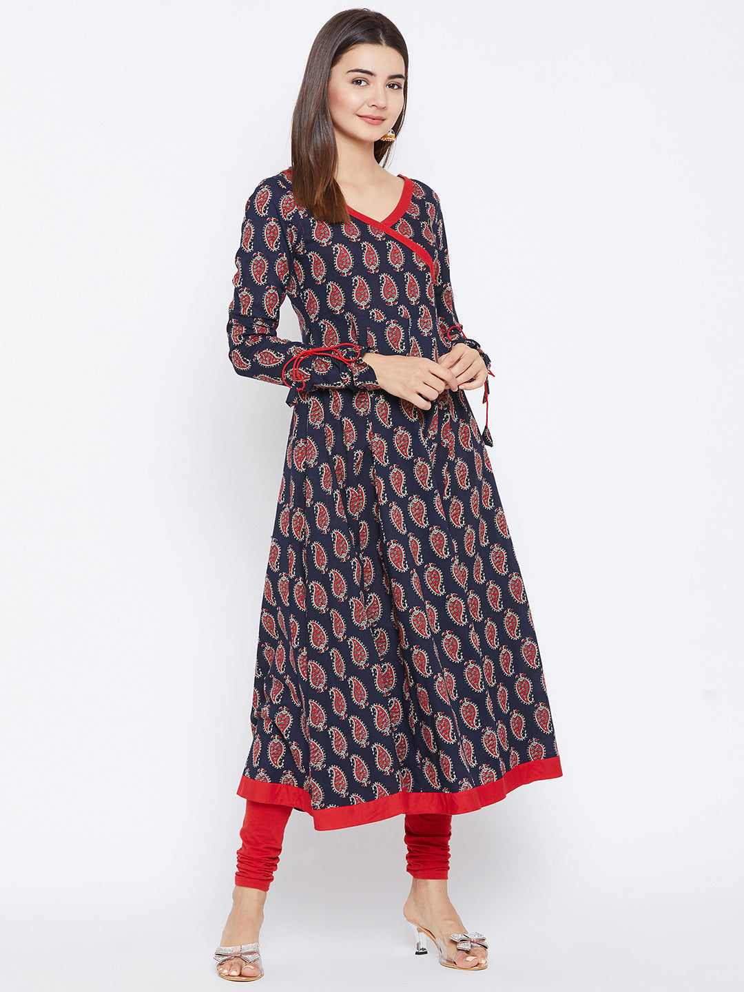Women's Navy Blue And Red Color Paisley Printed Anarkali Ankle Length Kurta