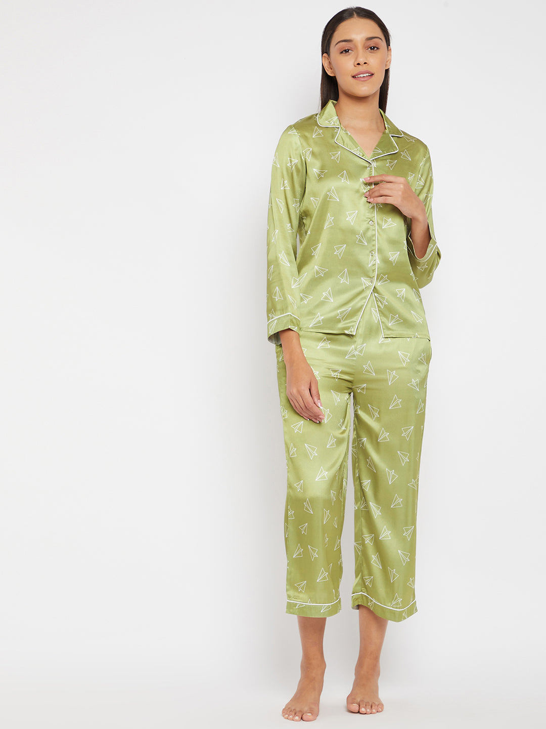 Women Lime Green & White Printed Night suit