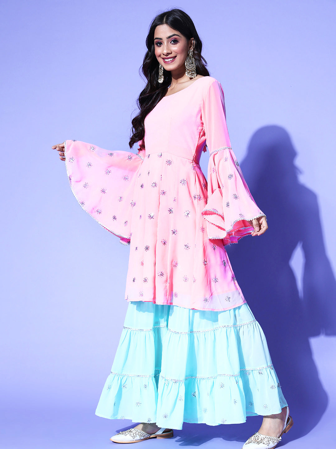 Embroidered baby pink kurta and baby blue sharara with matching embroidered dupatta
