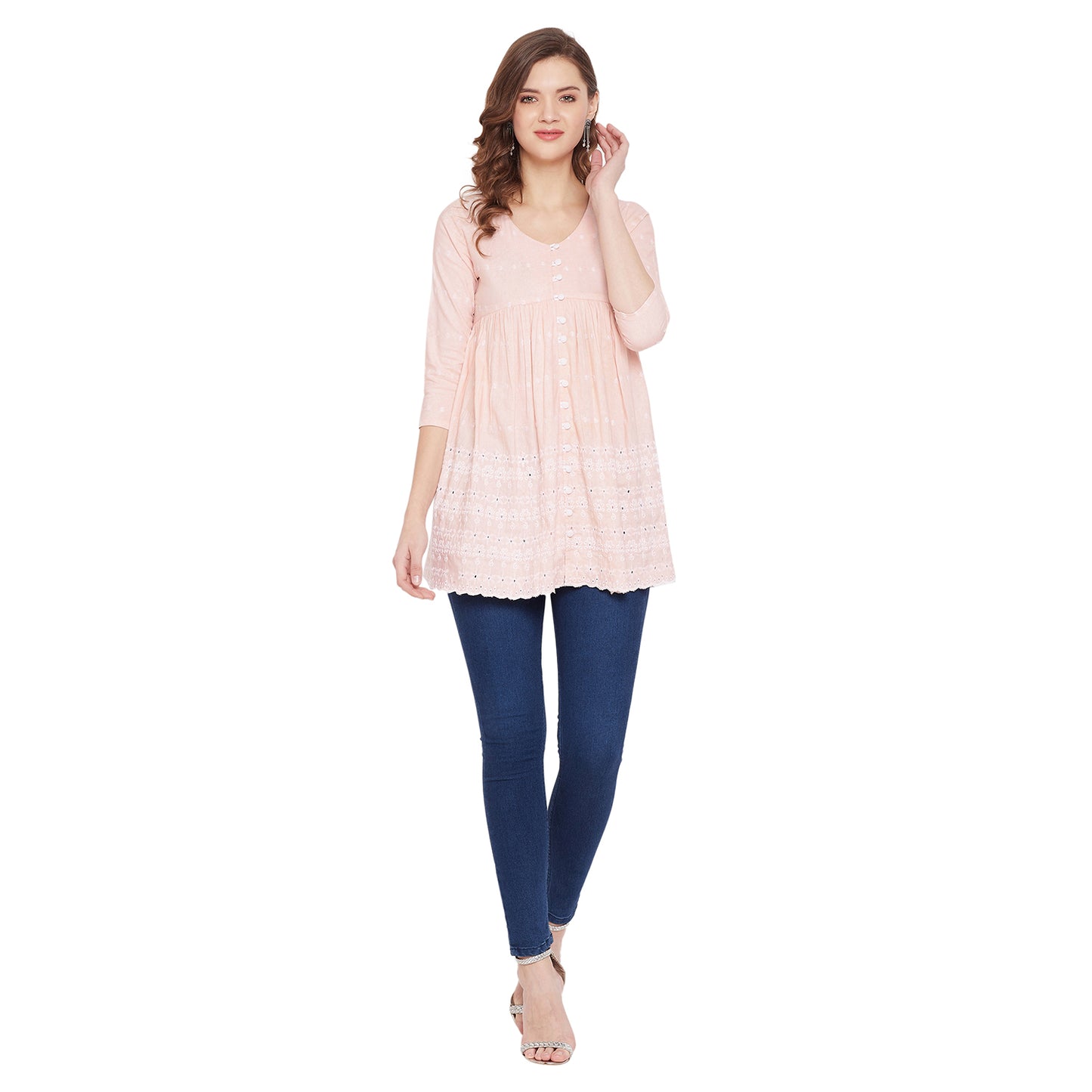 Women Peach Schiffli A-Line Flared Top