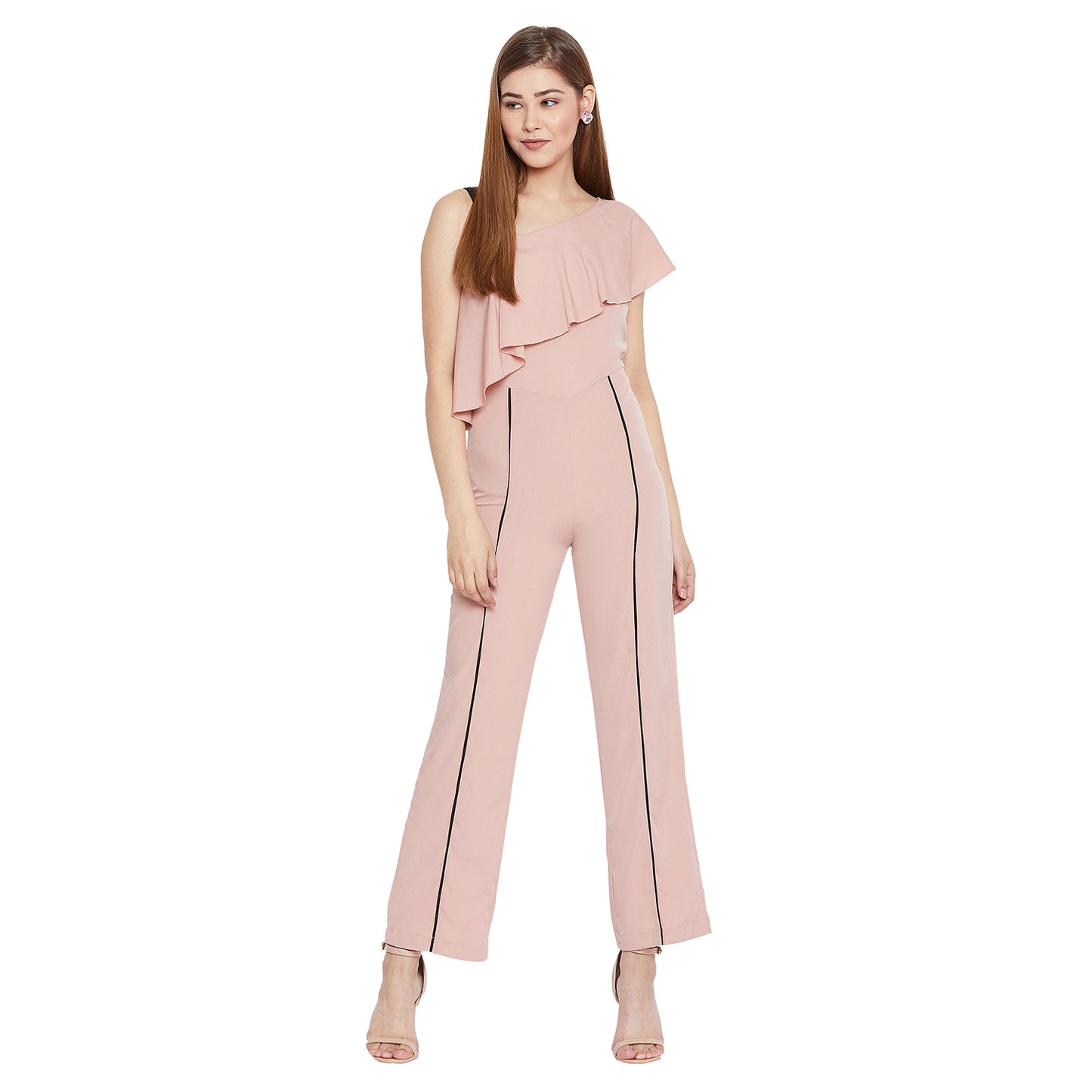 Women'S Solid Rose Gold Full Length Straight Fit Crepe Jumpsuit
