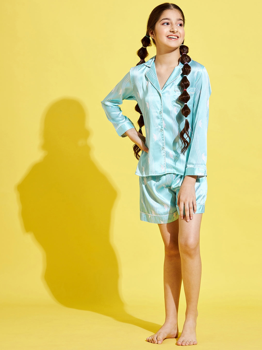 Girls Turquoise Blue & White Printed Night suit