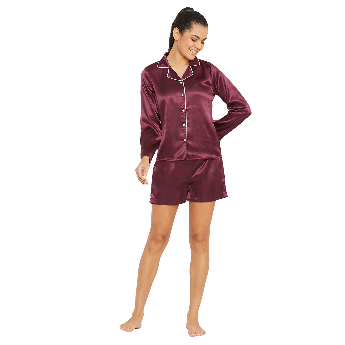 Women Wine Satin Finish Solid Night Suit