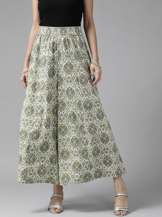 Women White Green & Grey Floral Printed Ethnic Cotton Palazzos