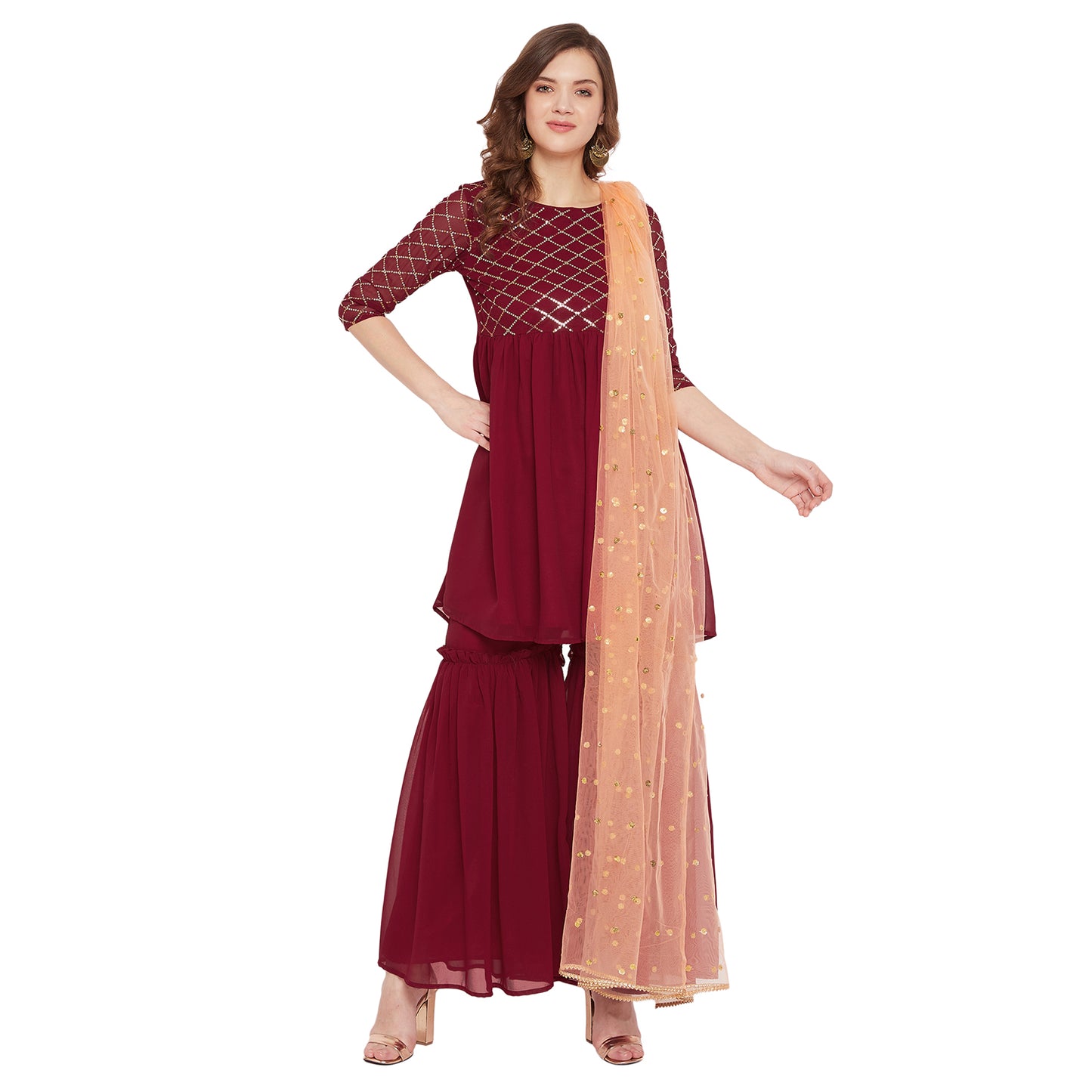 Maronn yoke and sleeve jaal embroidered sharara set with peach dupatta