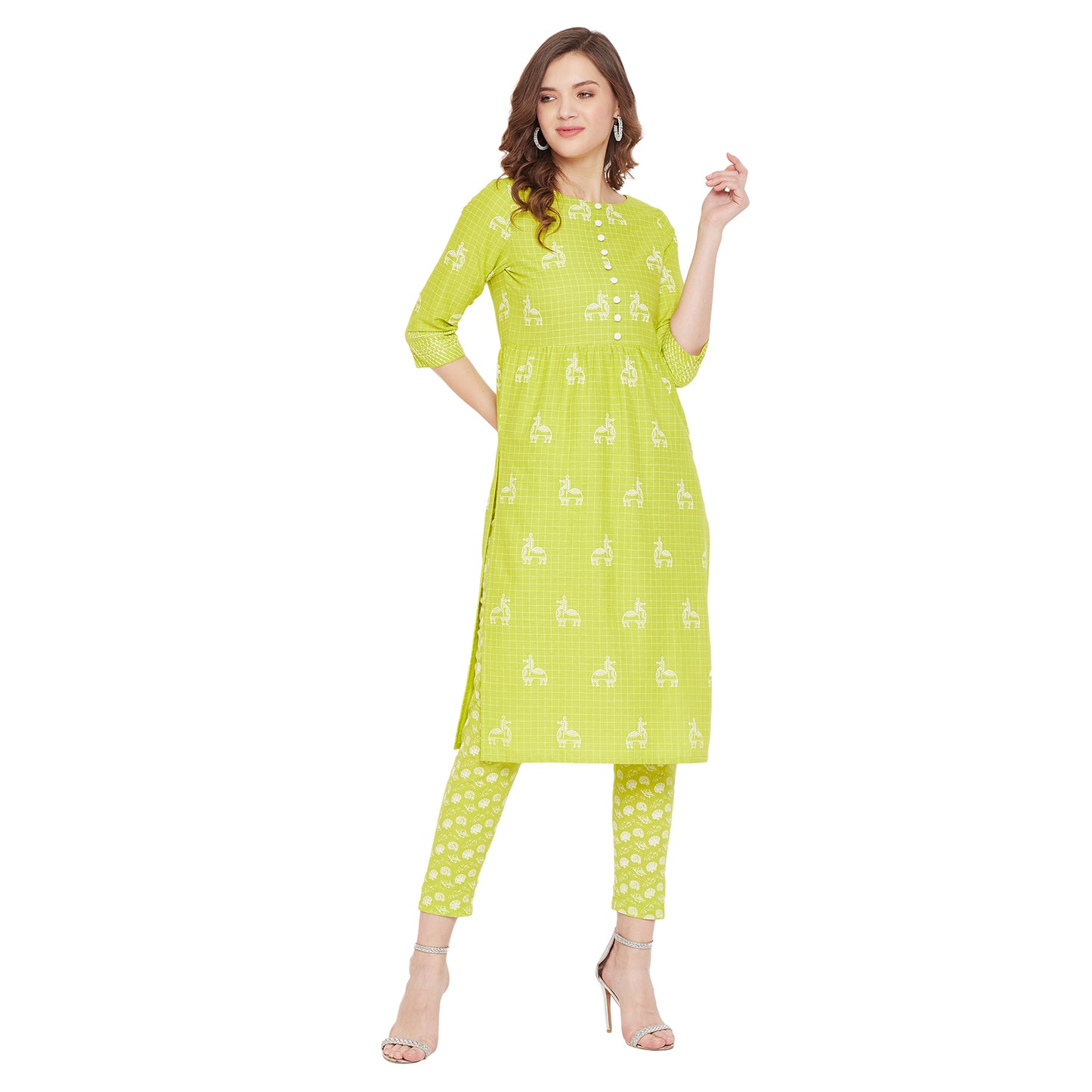 Lime green block print kurta with matching trouser