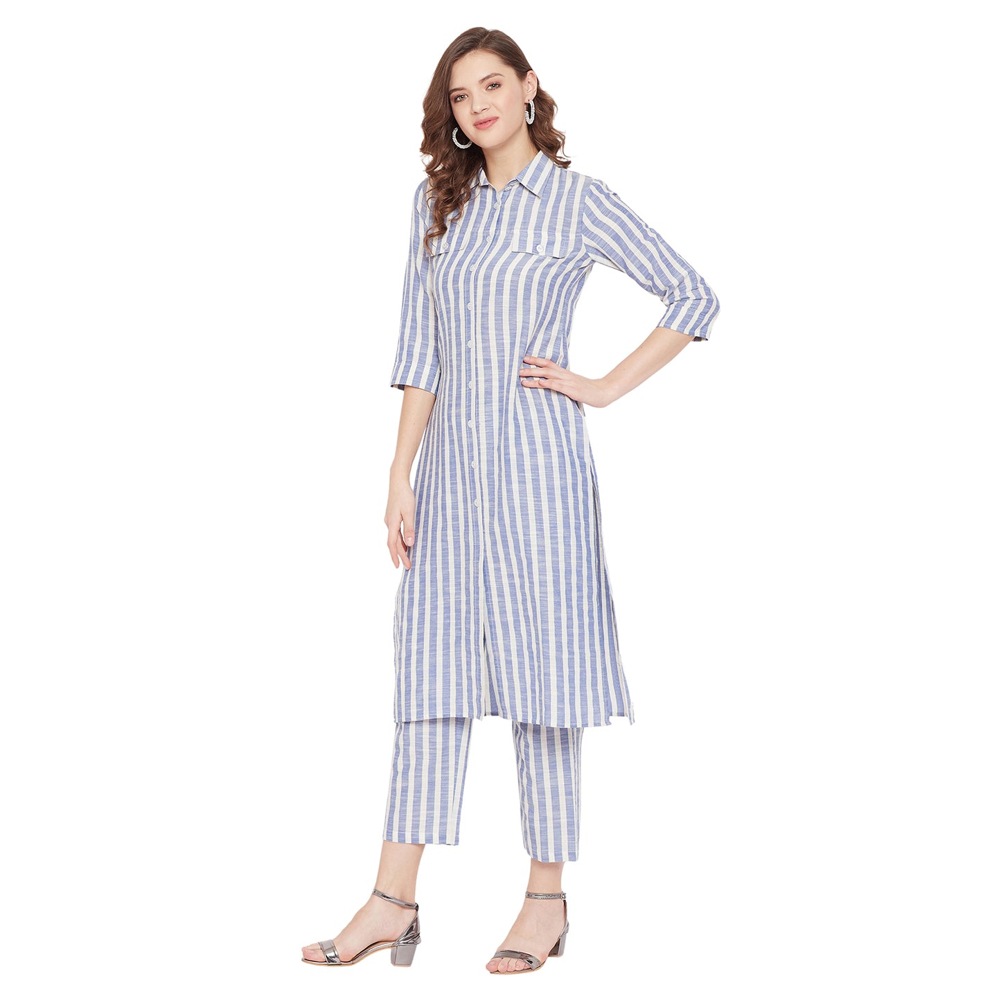 Formal white and blue stripe kurta set