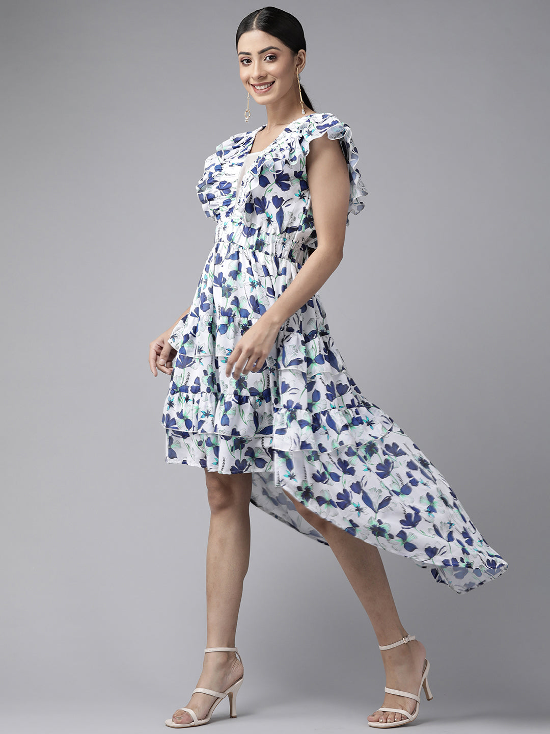 PANIT White Navy Blue Floral Printed Ruffled Layered A-Line Midi Dress