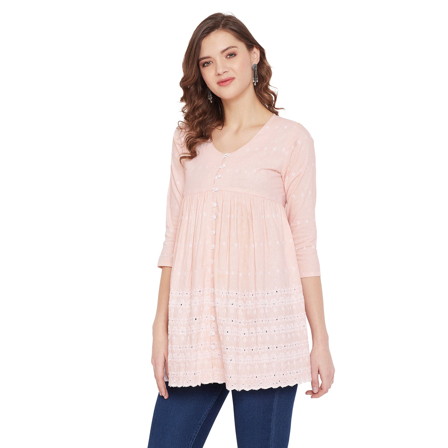 Women Peach Schiffli A-Line Flared Top