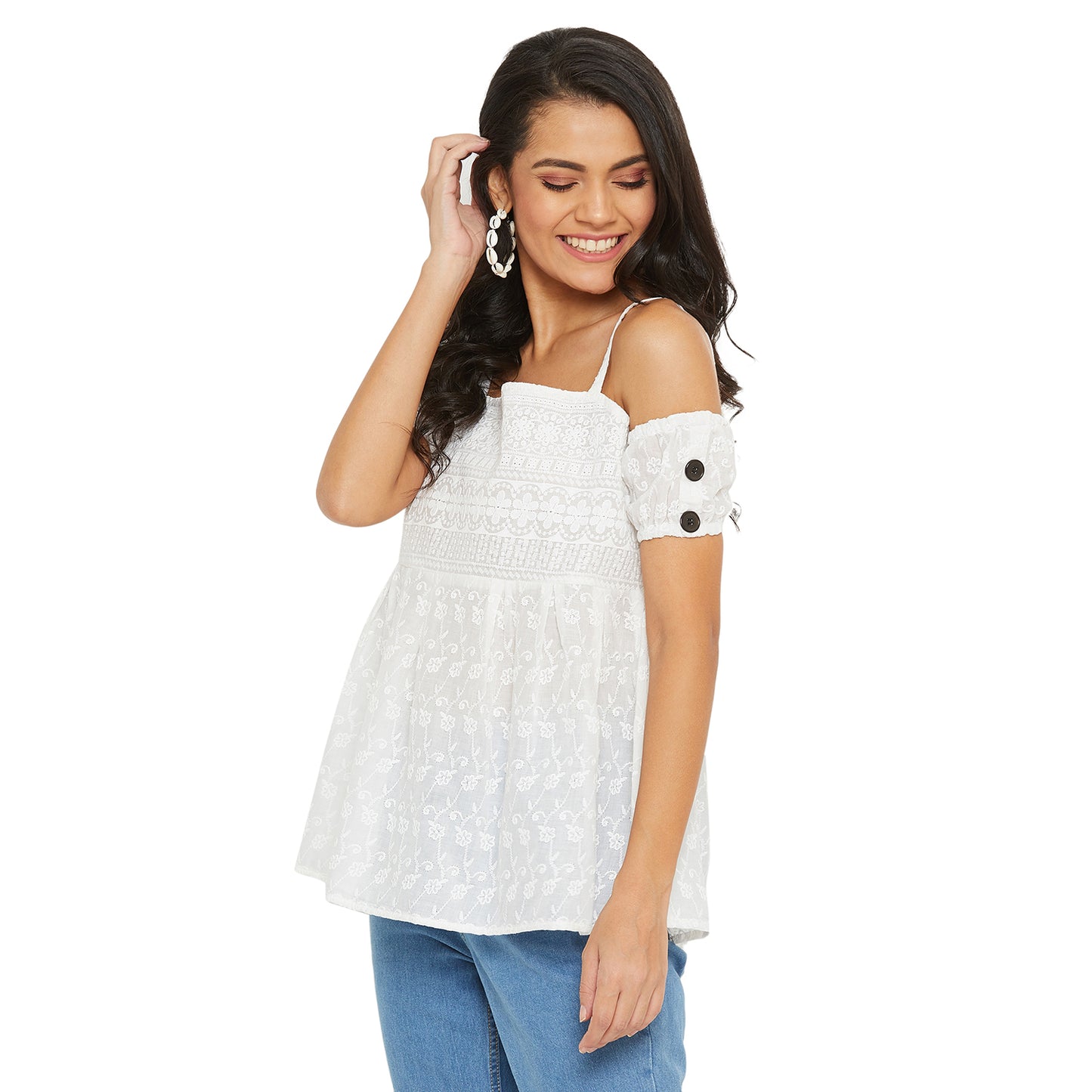 White Schiffli Off Shoulder Puff Sleeves Bardot top