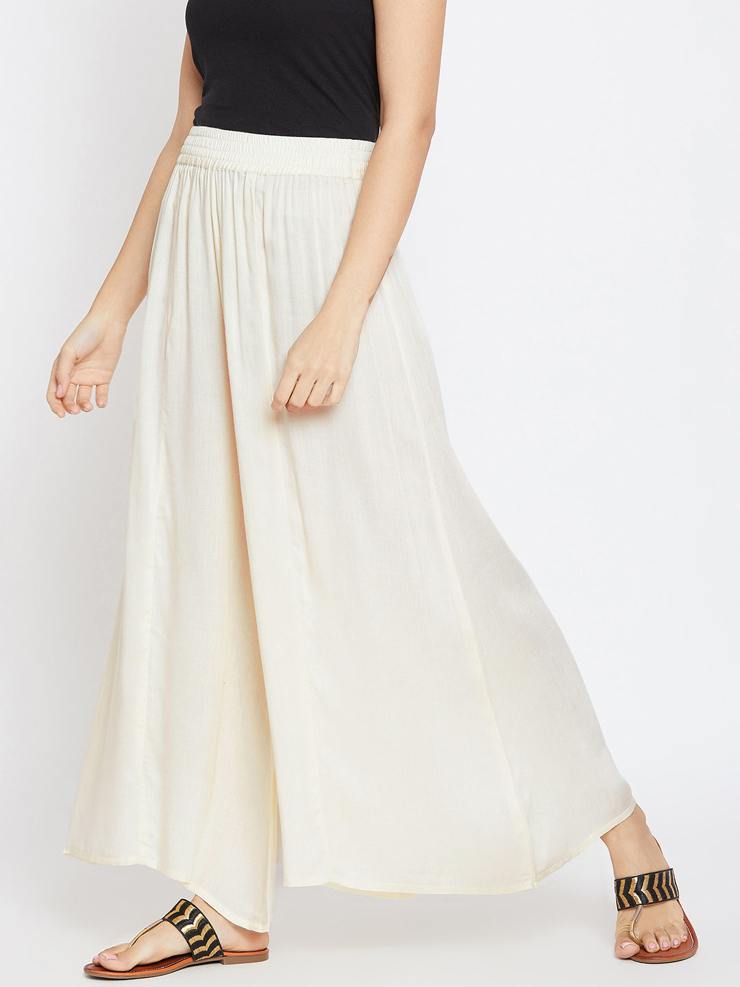 Women Off-White Flared Solid Palazzos