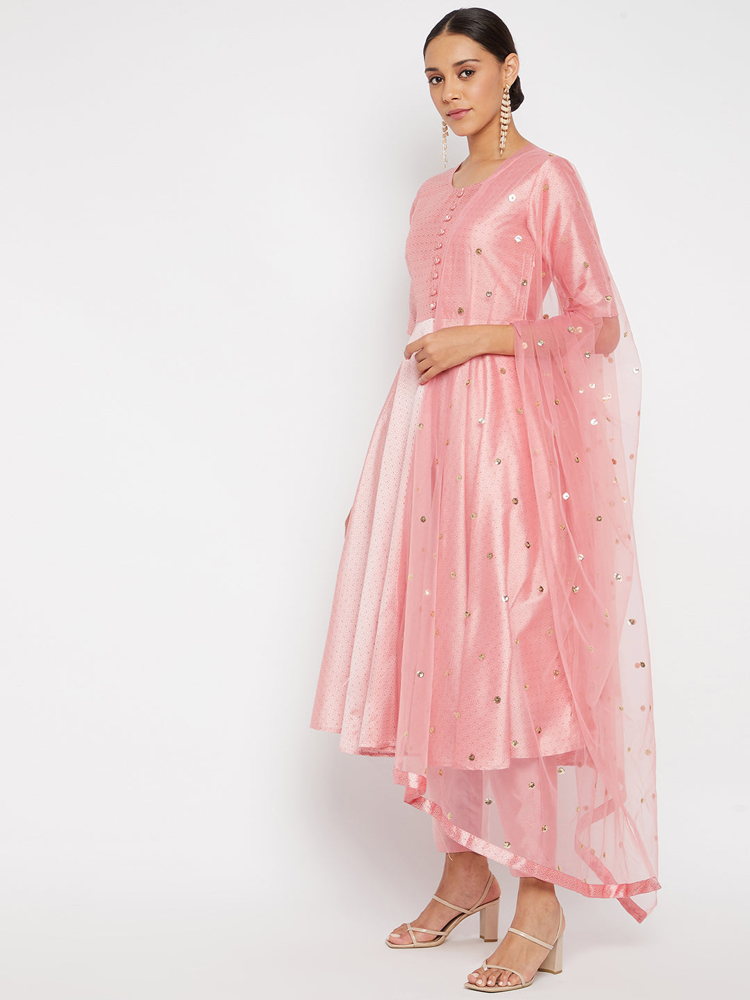 Women Rose Gold Pleated Golden Thread Work Kurta Set With Trouser And Dupatta