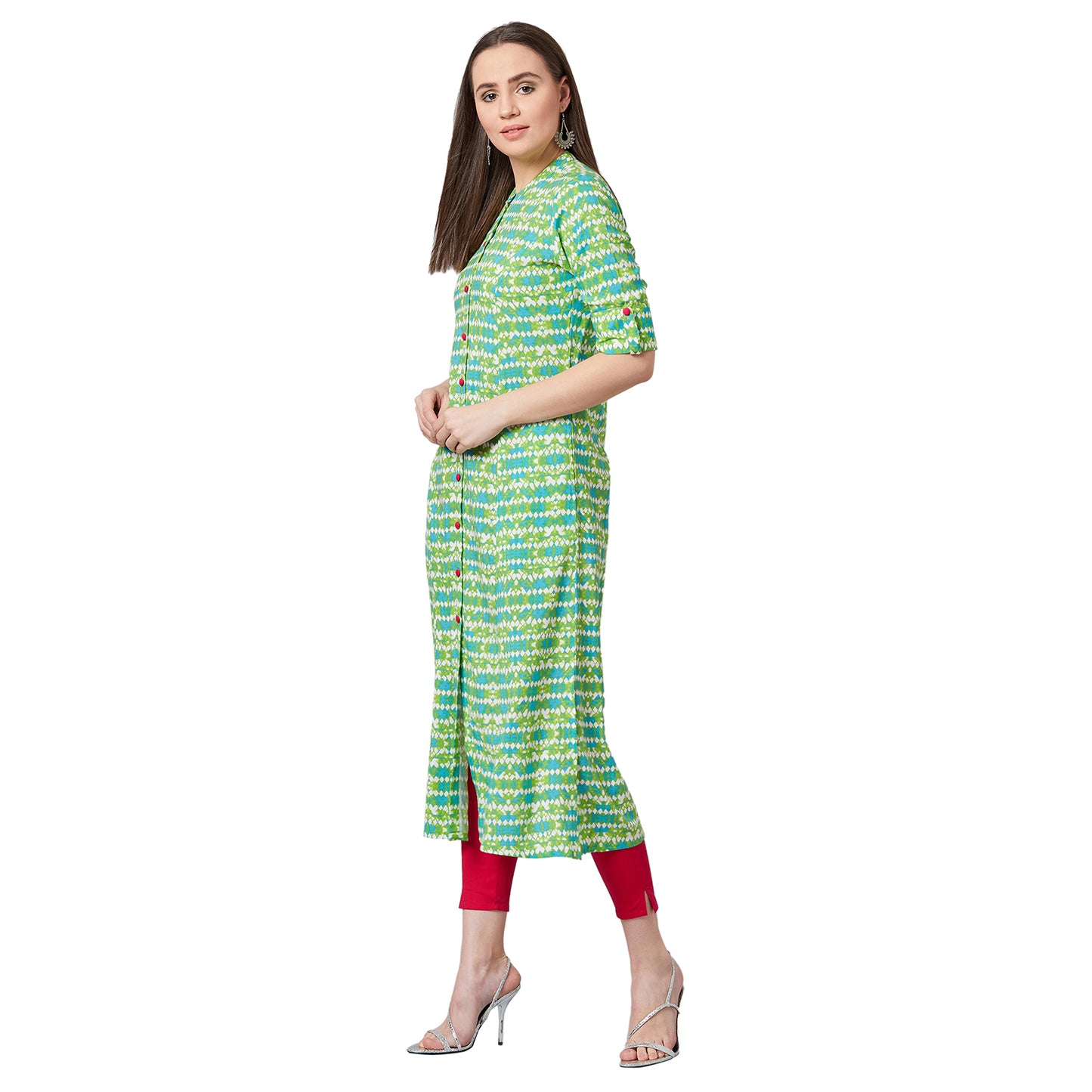 Women Green Printed A-Line Kurta