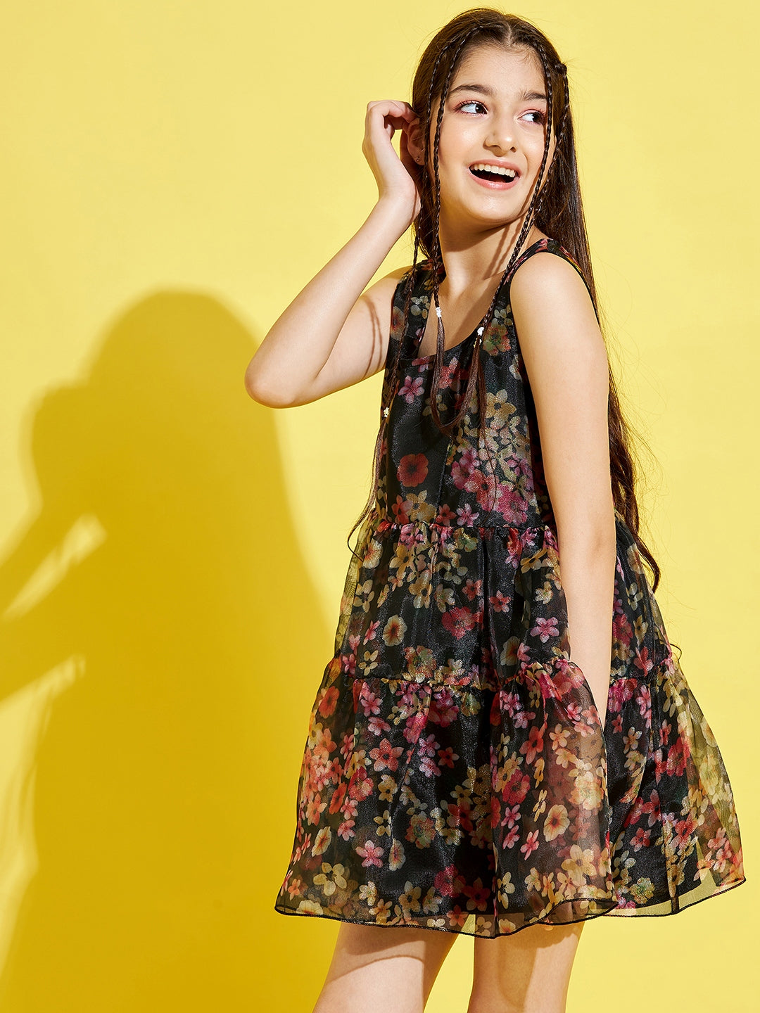 Girls Black & Red Floral Dress
