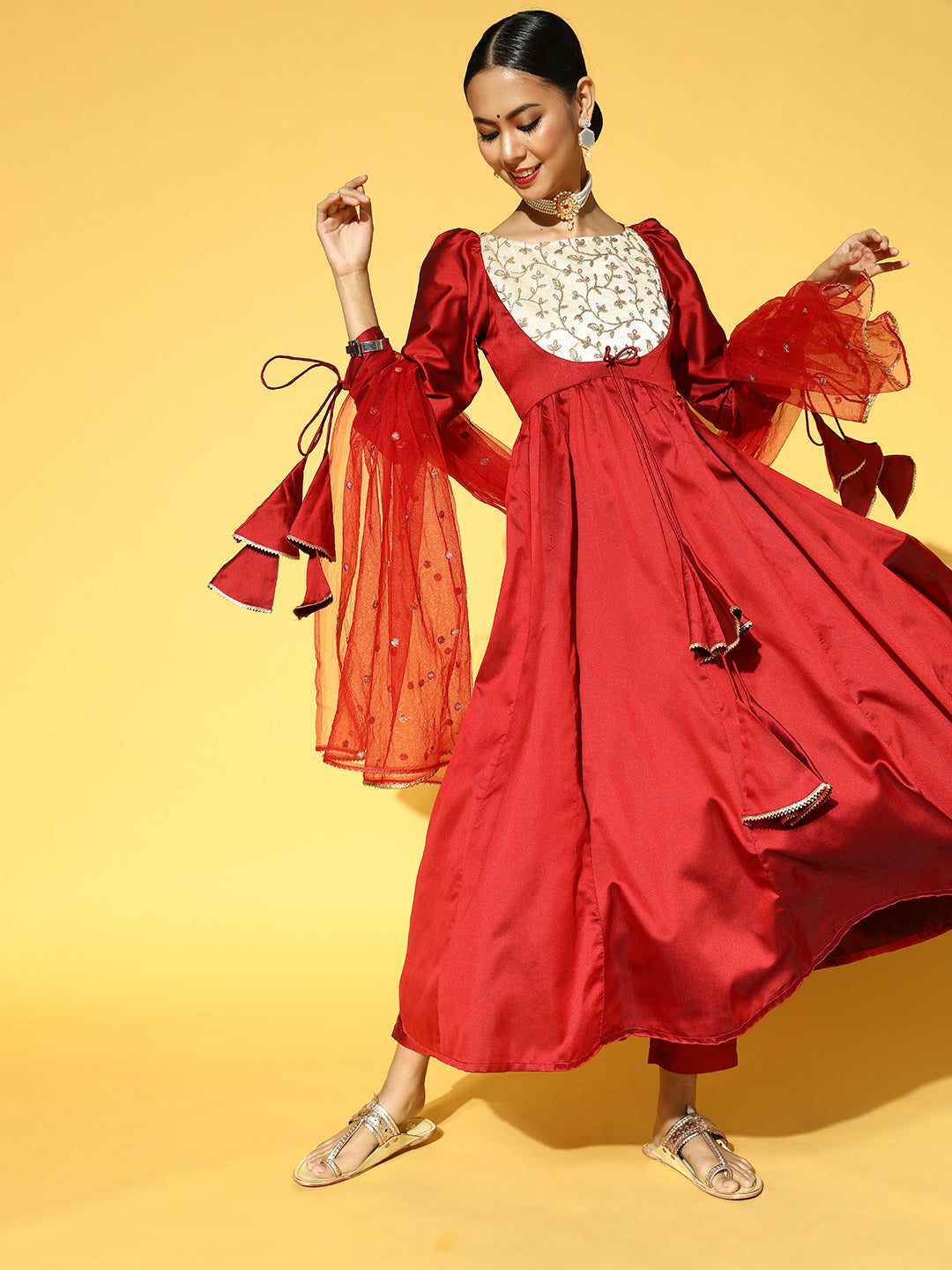 Women Maroon Yoke Design Dupion Silk Anarkali Kurta with Trousers & Dupatta