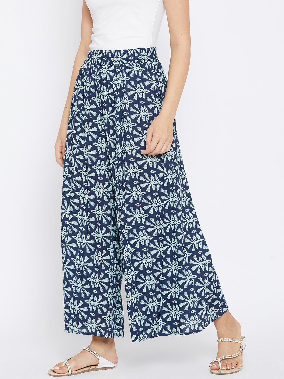 Women Navy Blue Flared Printed Palazzos