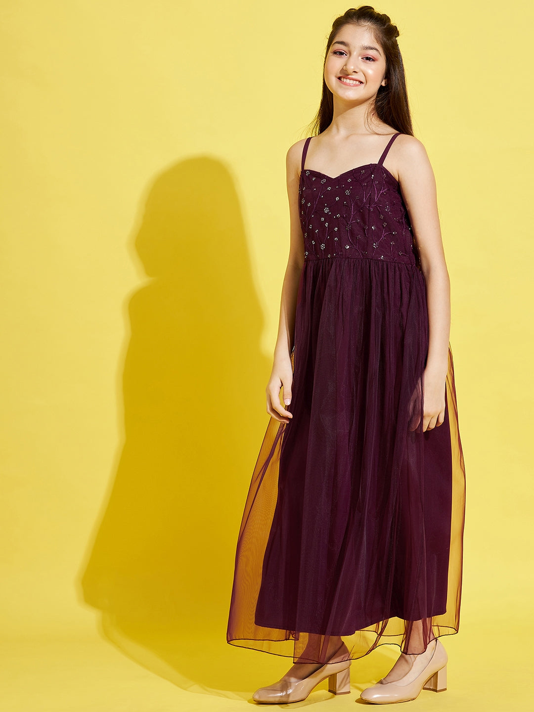 Women Maroon Floral Net Maxi Dress