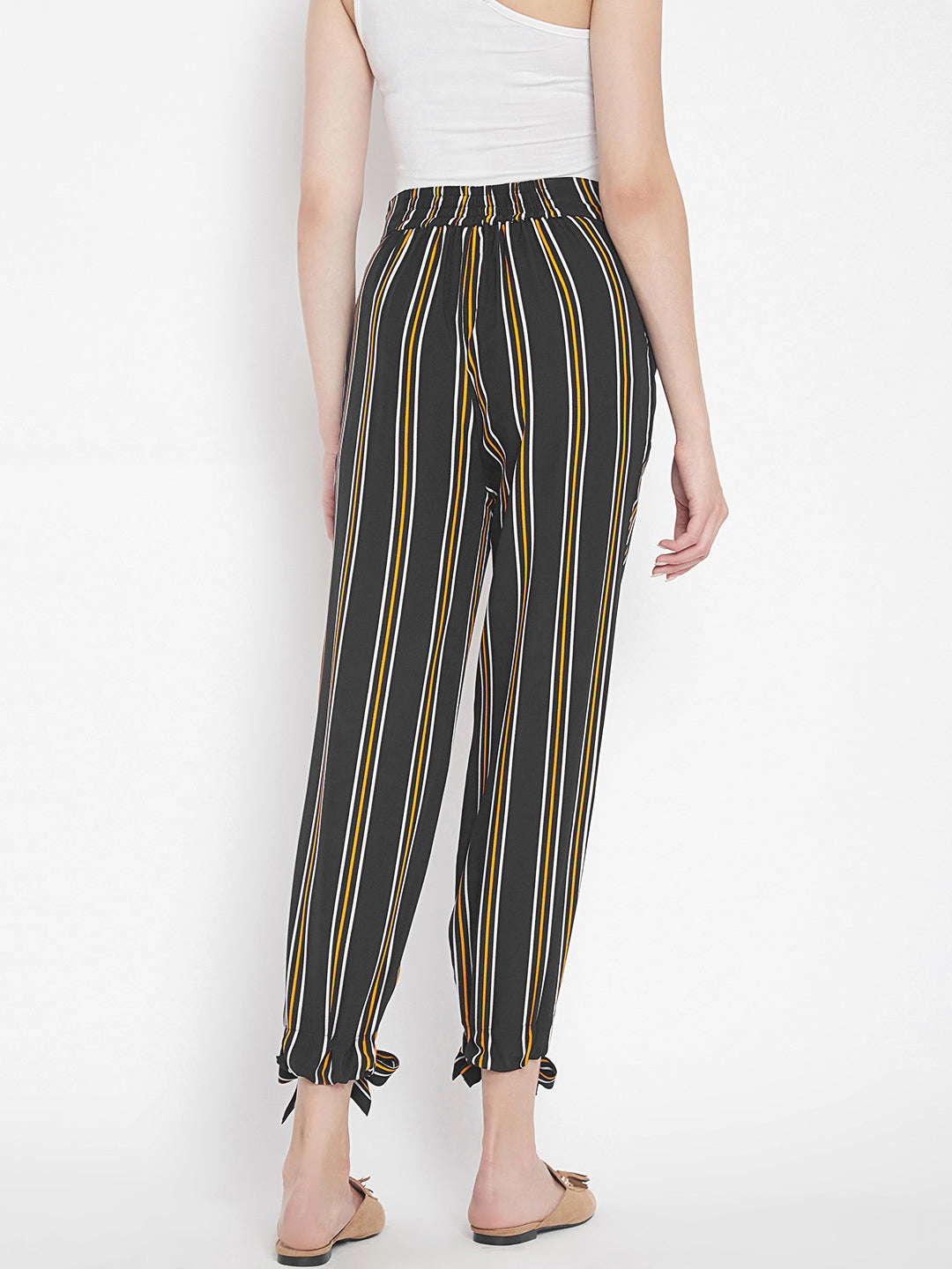 Women's navy blue multicolour stripes elasticed waist trouser