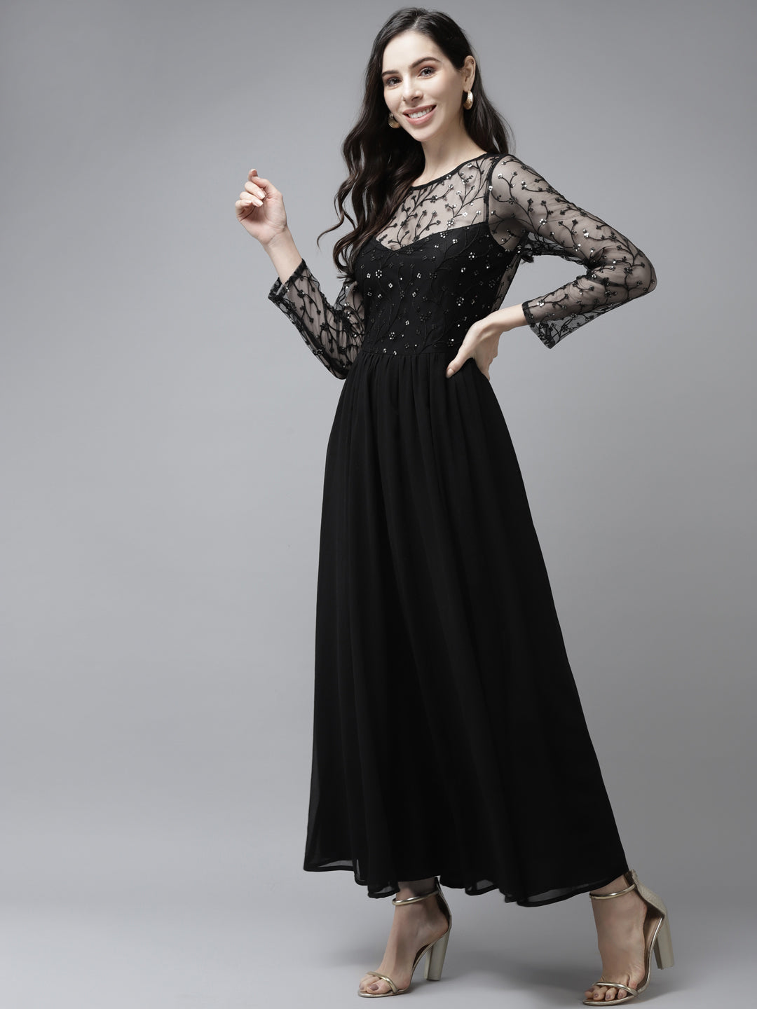 PANIT Women Black Floral Embroidered Maxi Dress