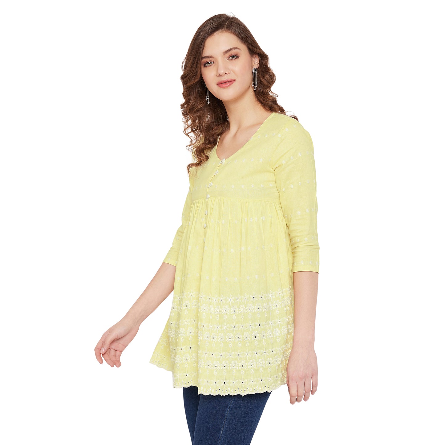 Women Yellow Schiffli A-Line Flared Top