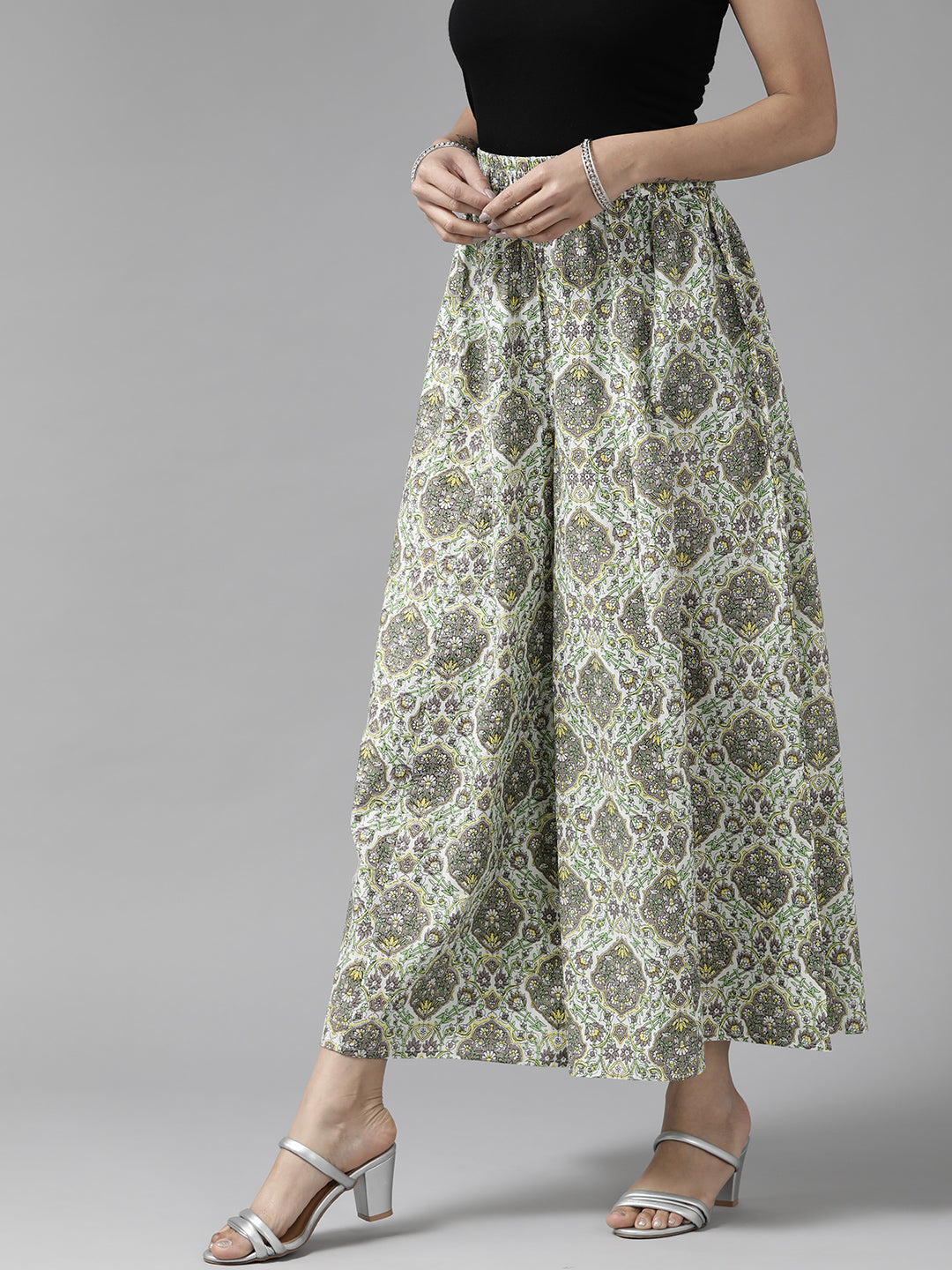 Women White Green & Grey Floral Printed Ethnic Cotton Palazzos