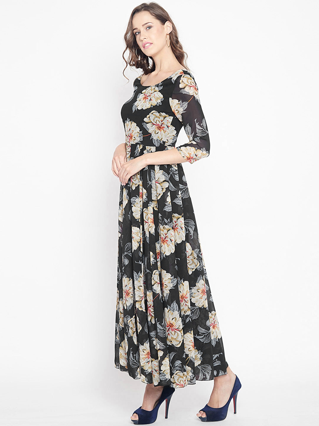 Women's Black Multi colour lily Floral print Maxi dress