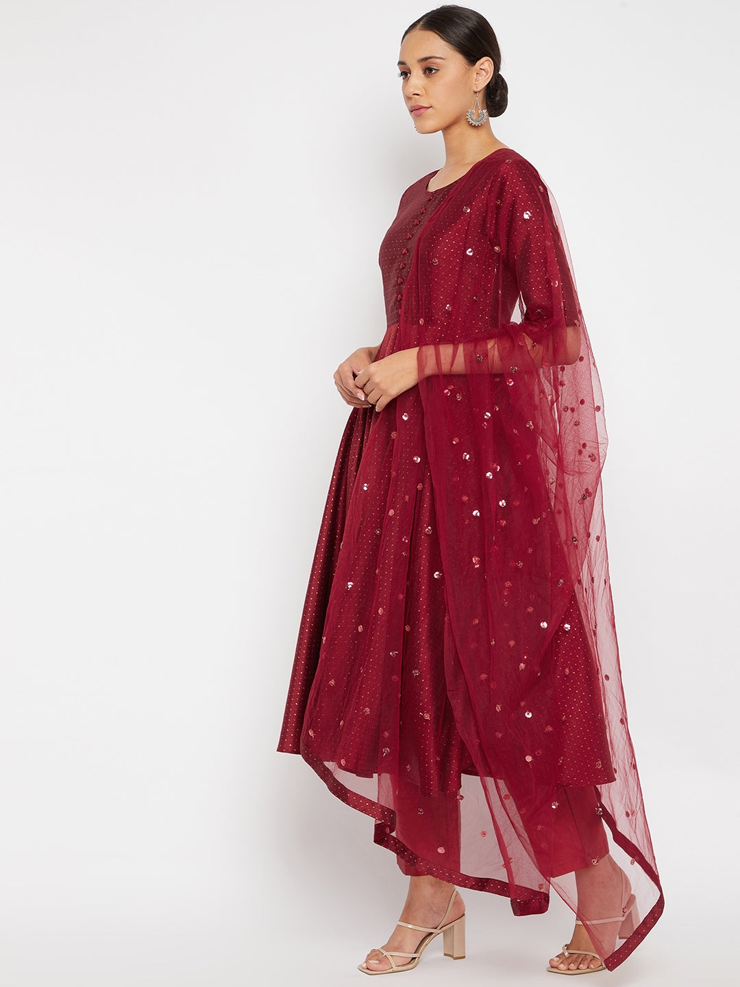 Women Maroon Pleated Golden Thread Work Kurta Set With Trouser And Dupatta