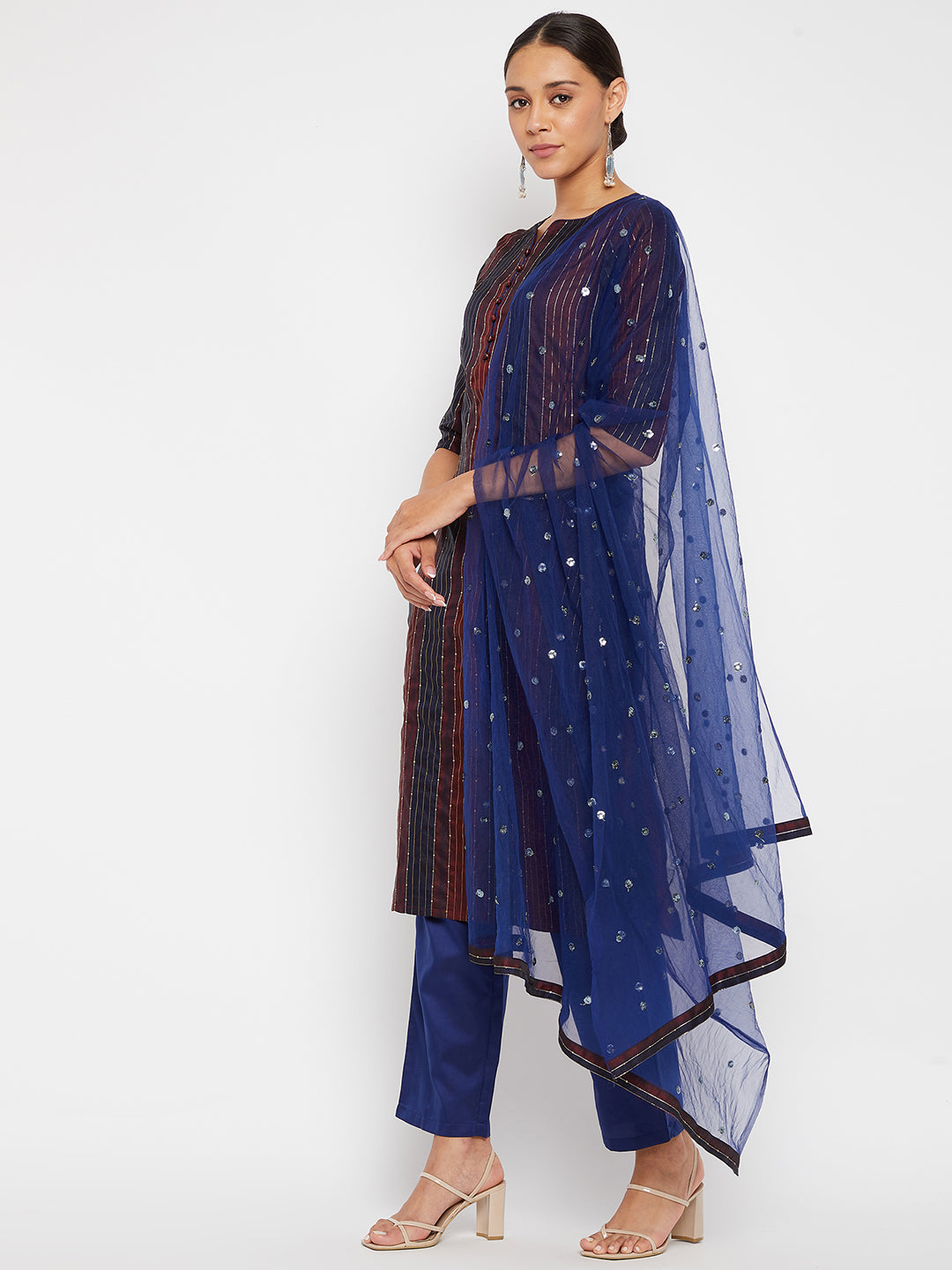Women Maroon Blue Sequin Straight Kurta Set with Dupatta