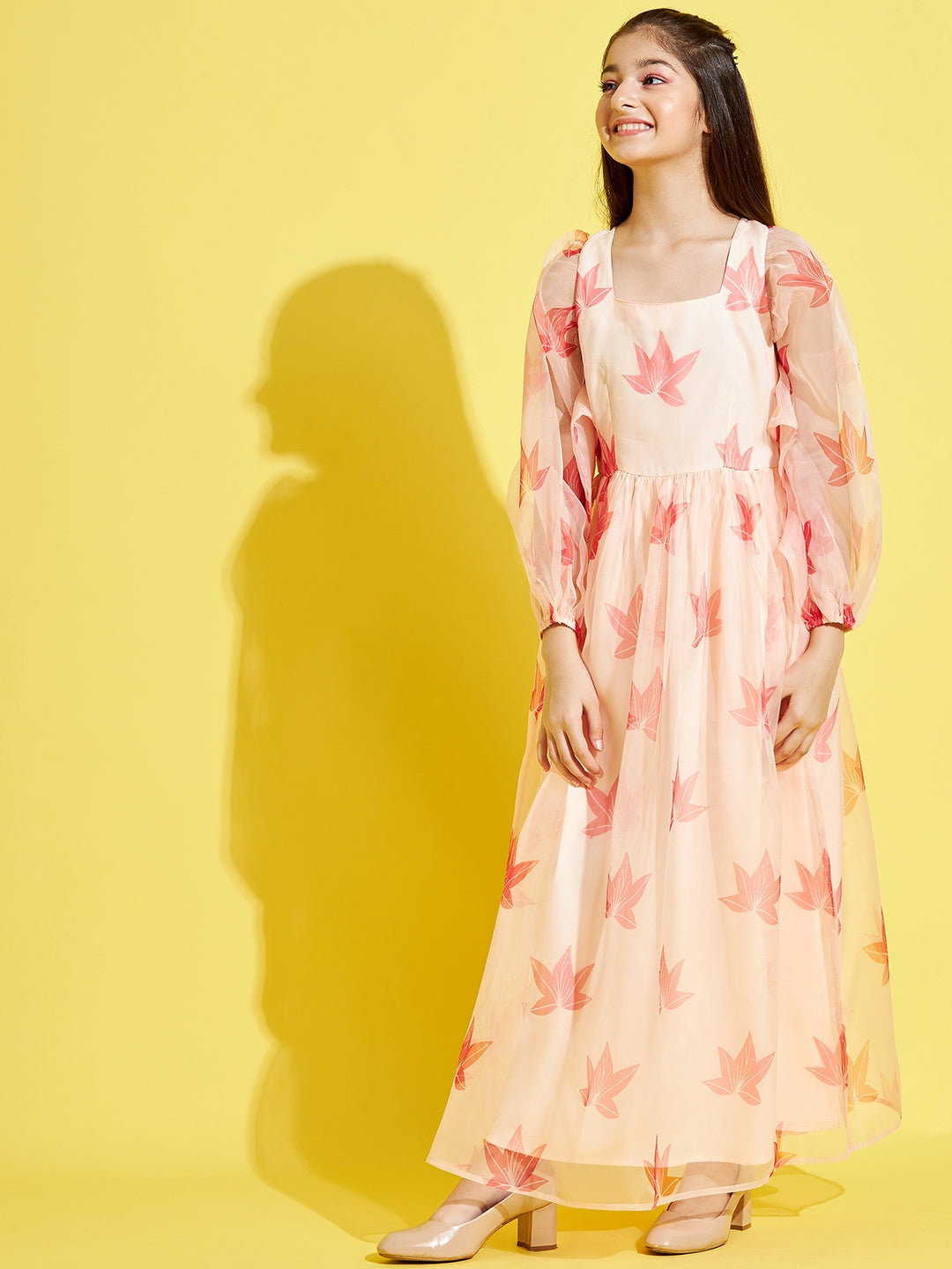 Girl Cream-Coloured leaf printed Maxi Dress