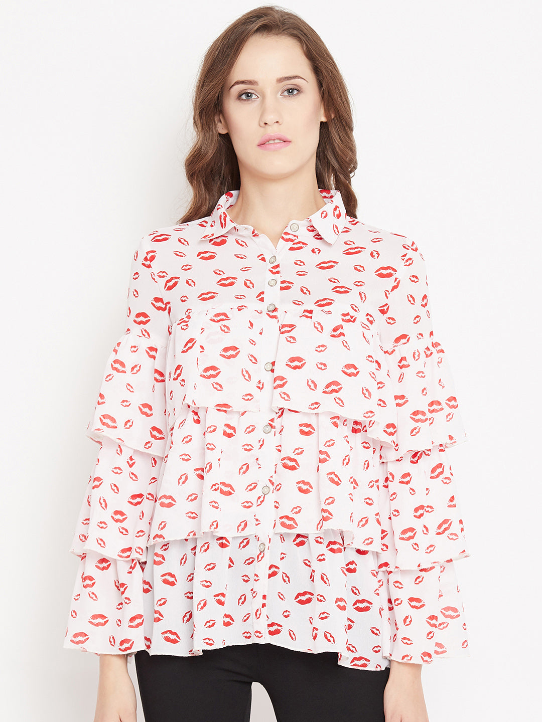White Printed Ruffle layer Shirt