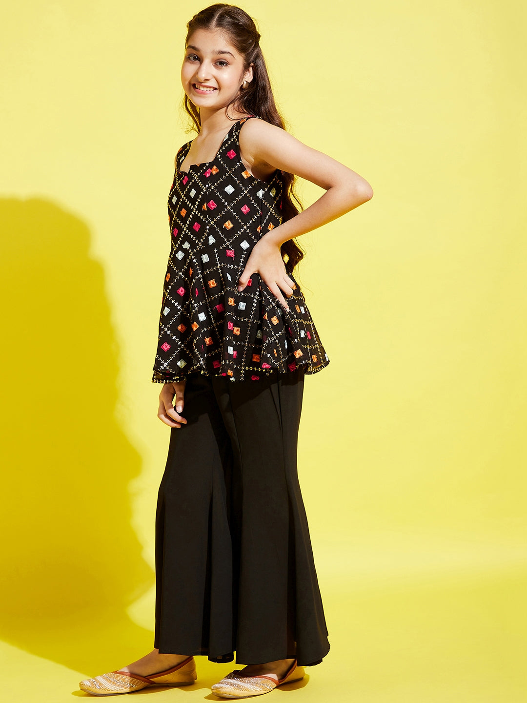 Girls Black & Pink Embroidered A-Line Kurti with Sharara