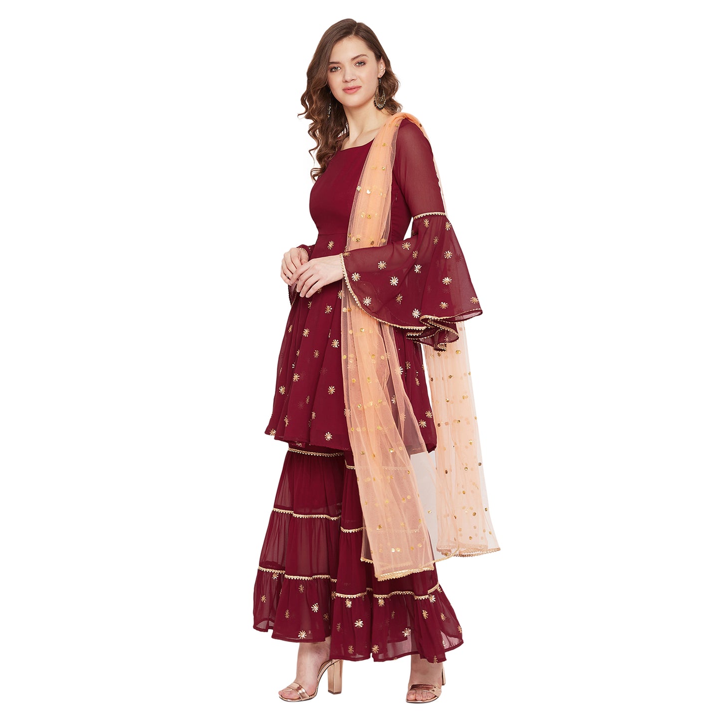 Maroon sharara set with peach dupatta, overall gota lace detailing