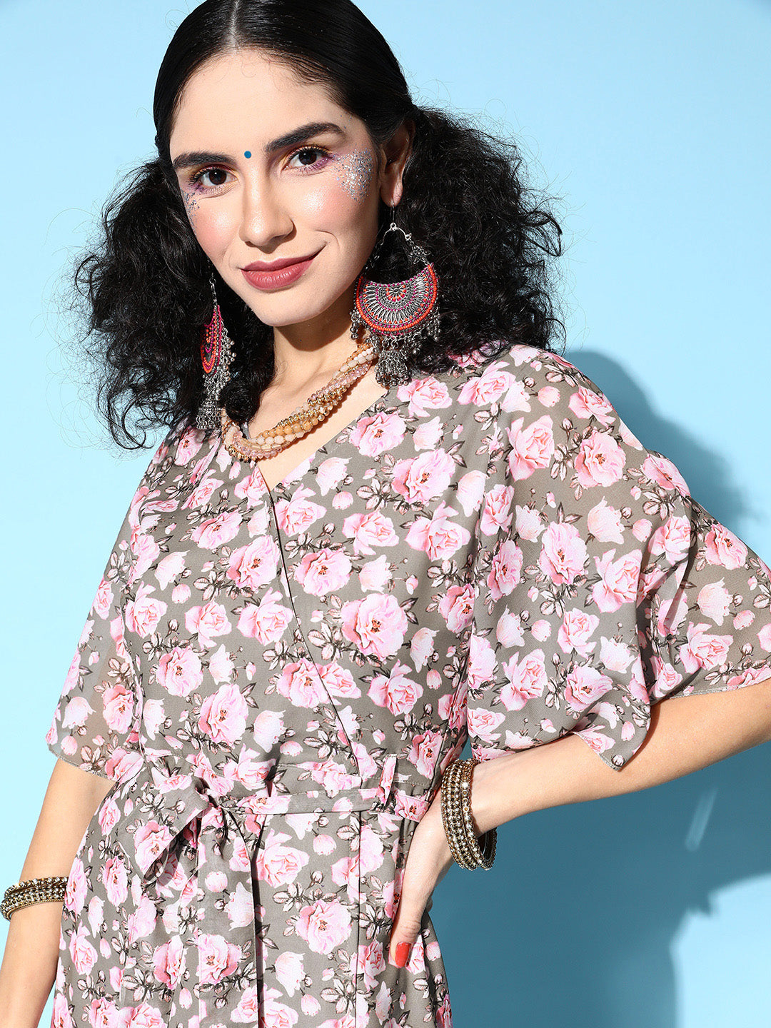 PANIT Women Grey Floral Twist Knot Dress
