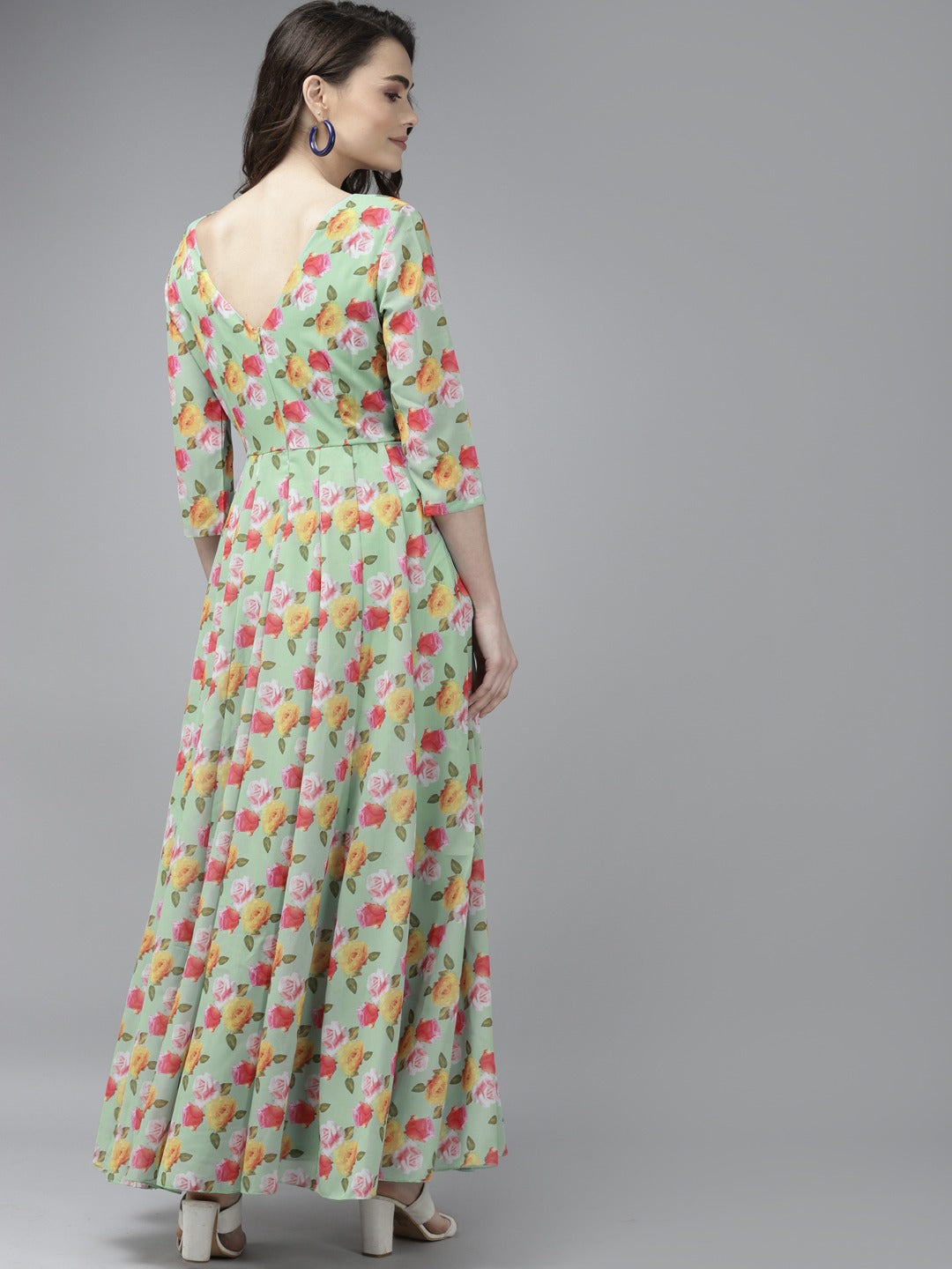 Green & Yellow Floral Georgette Maxi Dress