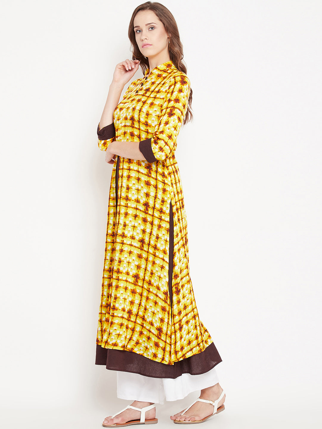 Women's Yellow And Brown Based Shibori Printed Mid Length Layered Kurta