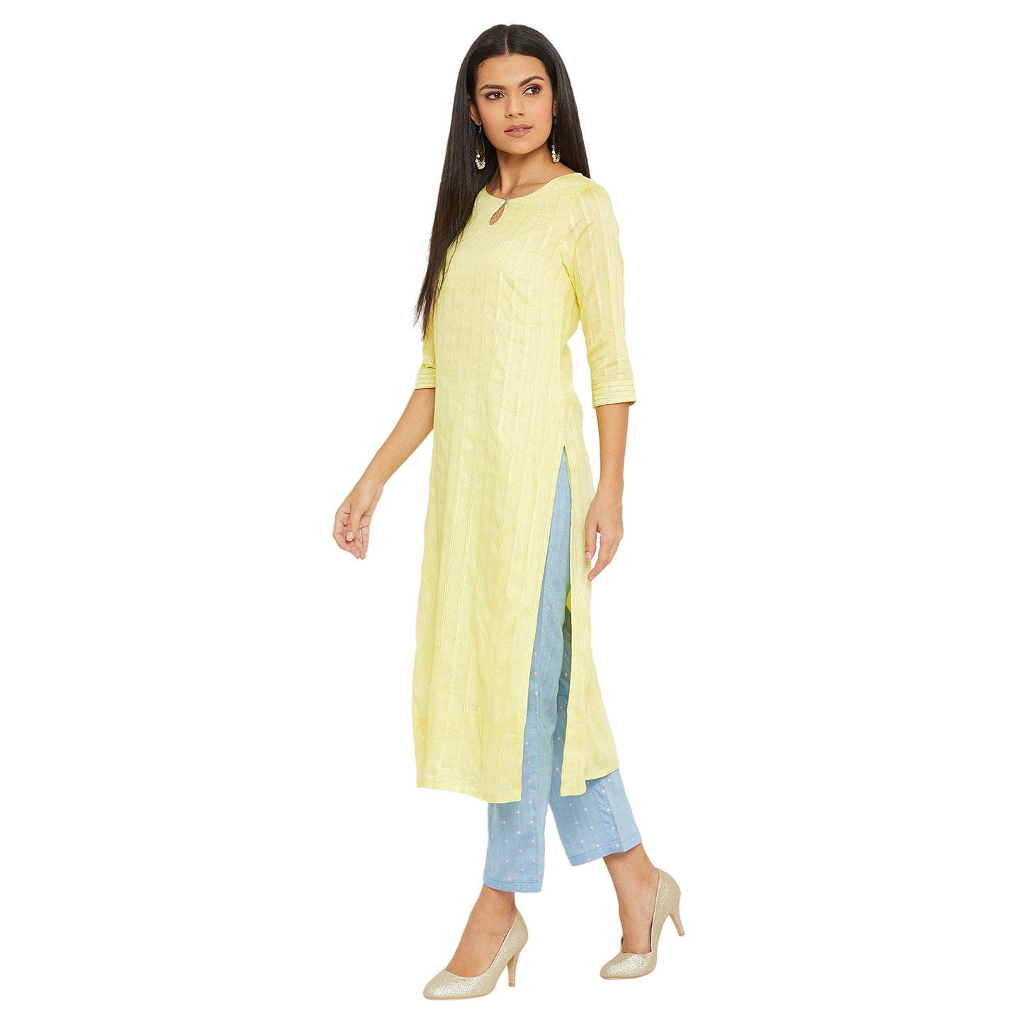 Lemon Lurex Kurta With Blue Trouser