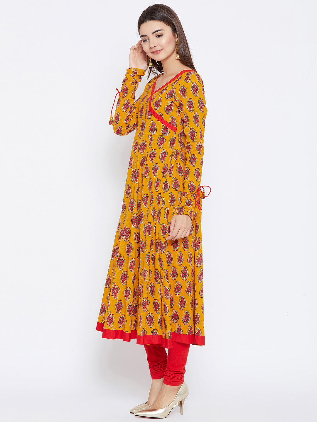Women's Yellow And Red Color Paisley Printed Anarkali Ankle Length Kurta