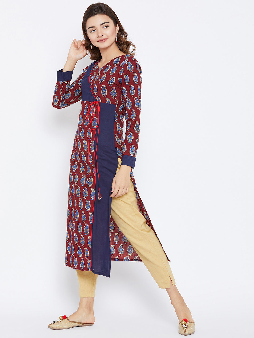 Women's Maroon And Blue Color Paisely Printed Streight Fit Angrakha Kurta